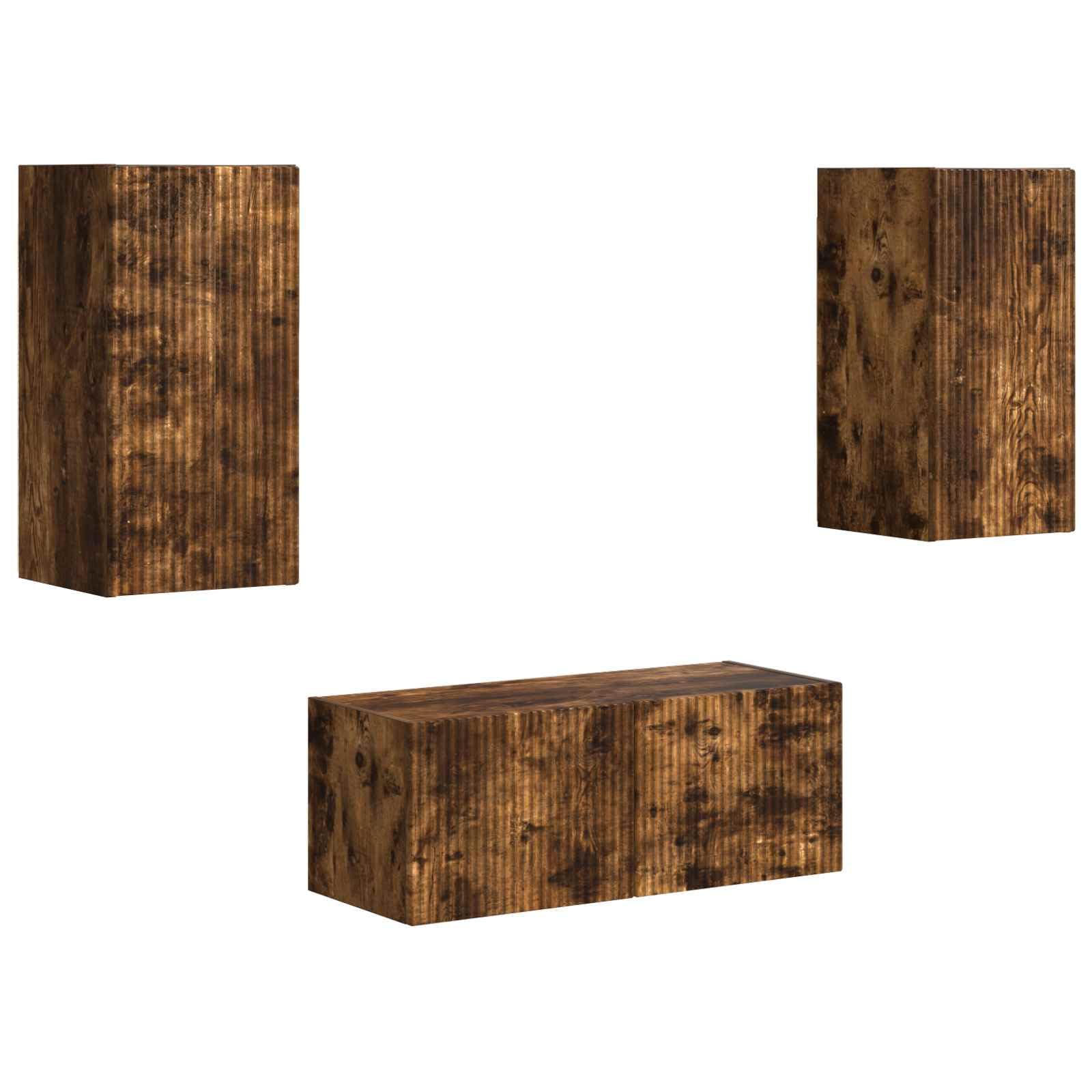6-Piece Floating TV Stand Set, Smoked Oak Wall Mounted Console | Made of durable engineered wood, this space-saving media center optimizes storage in living rooms and media corners.