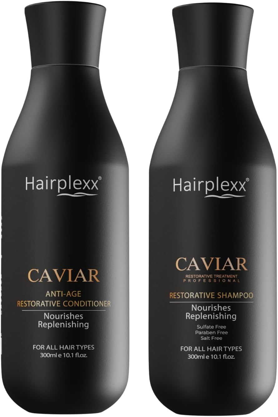 HAIRPLEXX CAVIAR ANTI-AGE RESTORATIVE TREATMENT PROFESSIONAL Shampoo & Conditioner Set l Hydrated Home Care Maintenance - Restore Hair Volume, Shine, Straight and Softness (300ml)