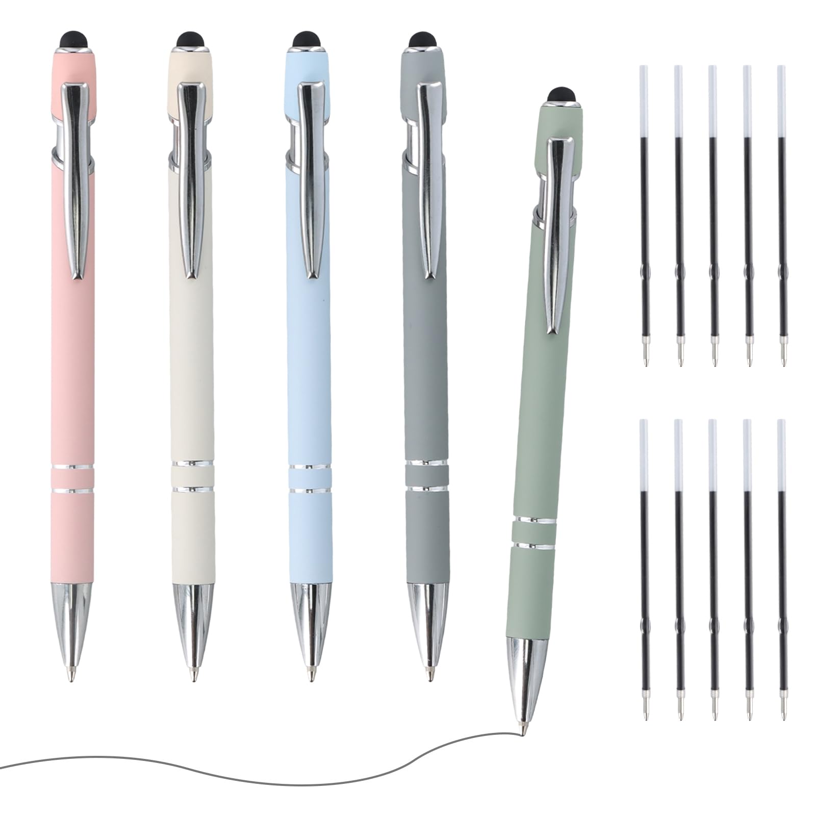 xianynow Ballpoint Pen with Stylus Tip, 5 Pcs Retractable Ballpoint Pens, Bulk 0.7mm Black Ink Metal Stylus Pen for Touch Screens, 10 Refills, Gifts for Students leaving School, Black