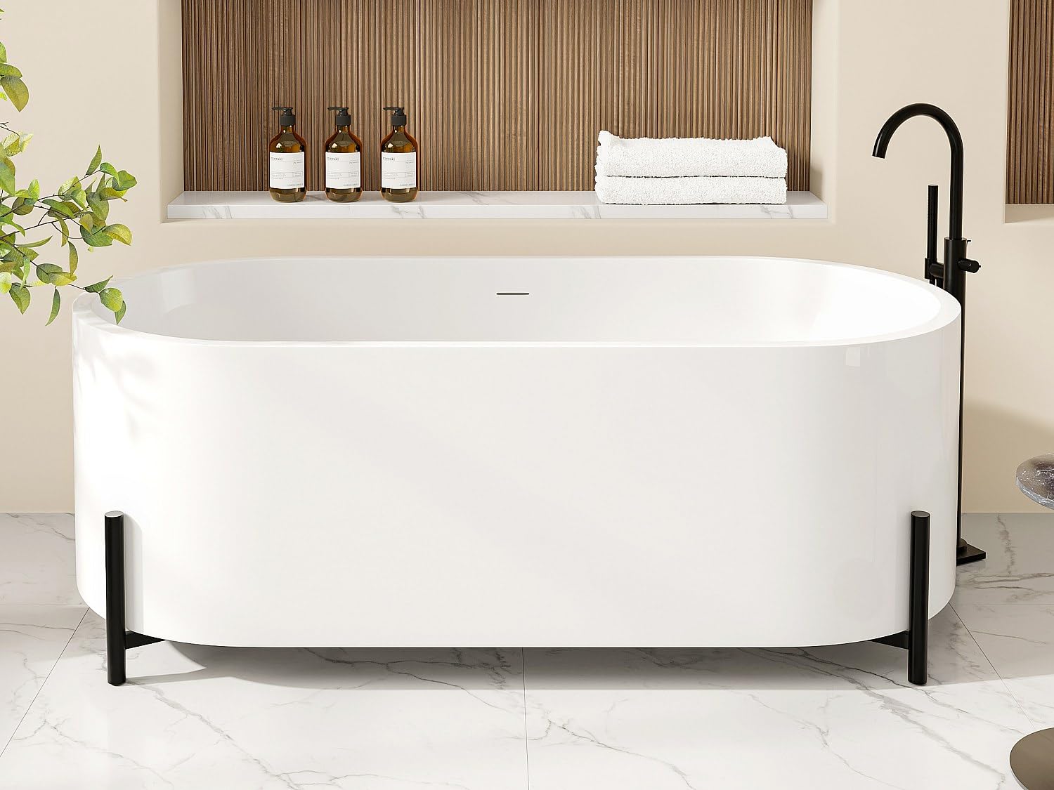 Vente-unique - Vasca da bagno freestanding ovale 160 x 73,5 x 59 cm Bianca con piedini neri - ALONSA