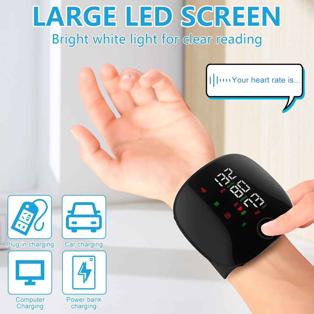 Monitor de presión arterial de muñeca, monitores de presión arterial de muñeca, máquina de presión arterial de muñeca con pantalla táctil LED, puño de muñeca ajustable, funda de transporte, voz