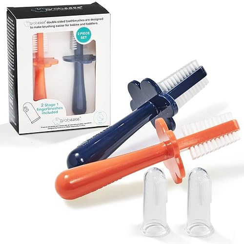 grabease Cepillo de dientes de doble cara para bebés, sin BPA y sin ftalatos, paquete de 2, azul marino y naranja
