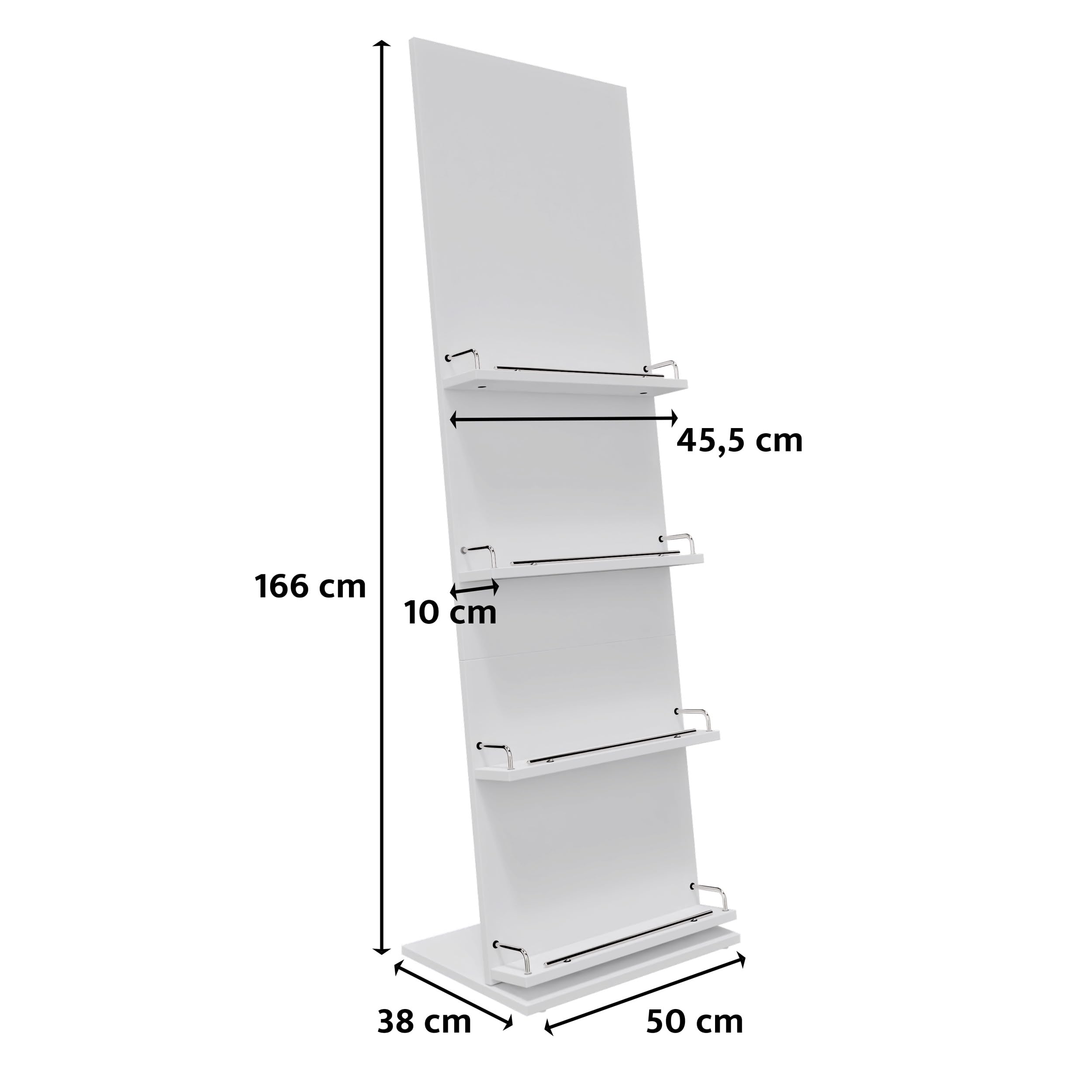 Prospektständer Holz 166x50x38cm, Katalogständer 4 Ablageböden für 8 x DIN-A4, sehr stabiler Broschürenständer, Zeitschriftenständer, Flyerständer inkl. Werbefläche (Weiß, DIN-A4)
