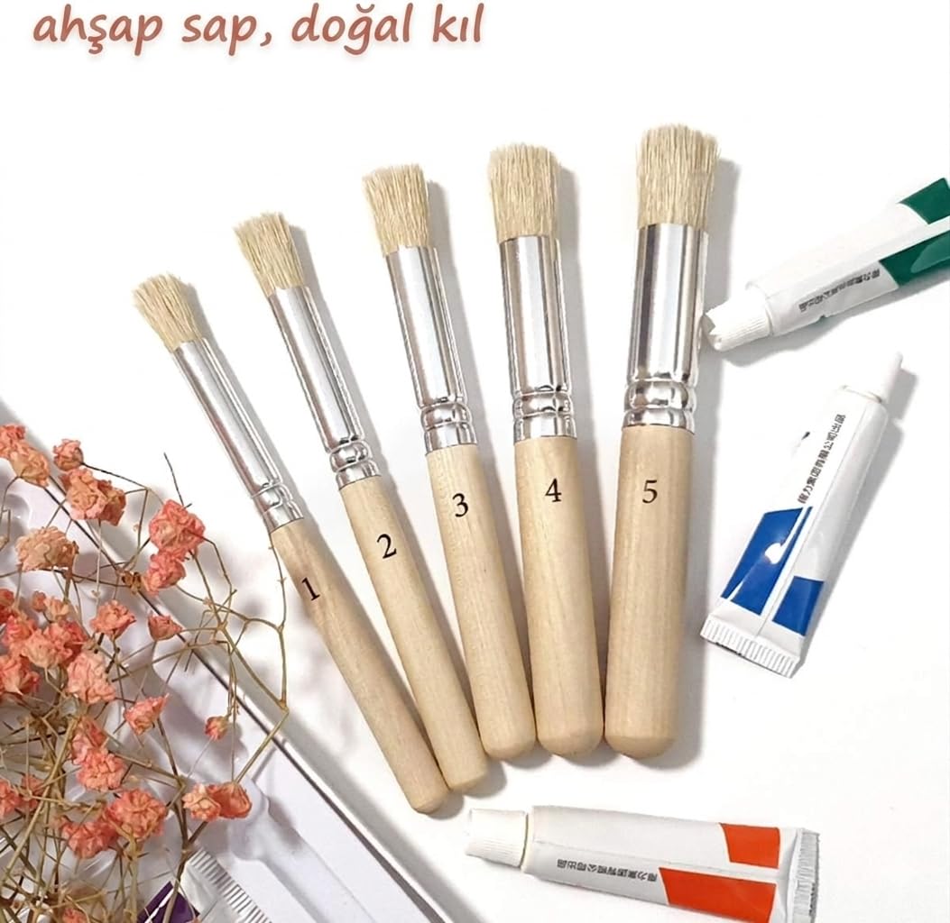 Hannah 5 Adet Doğal Kıl Fırça Seti Ahşap Saplı Şablon Fırçalar El Sanatları Figür Boyama ve Akrilik Yağlı Suluboya Uygulamaları İçin