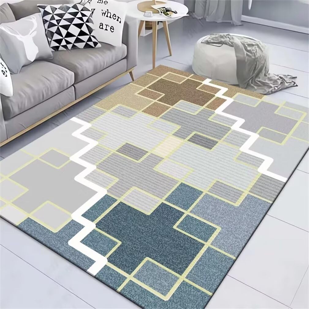 Tapis de chambre enfant bleu et gris 120x120 cm à motif géométrique