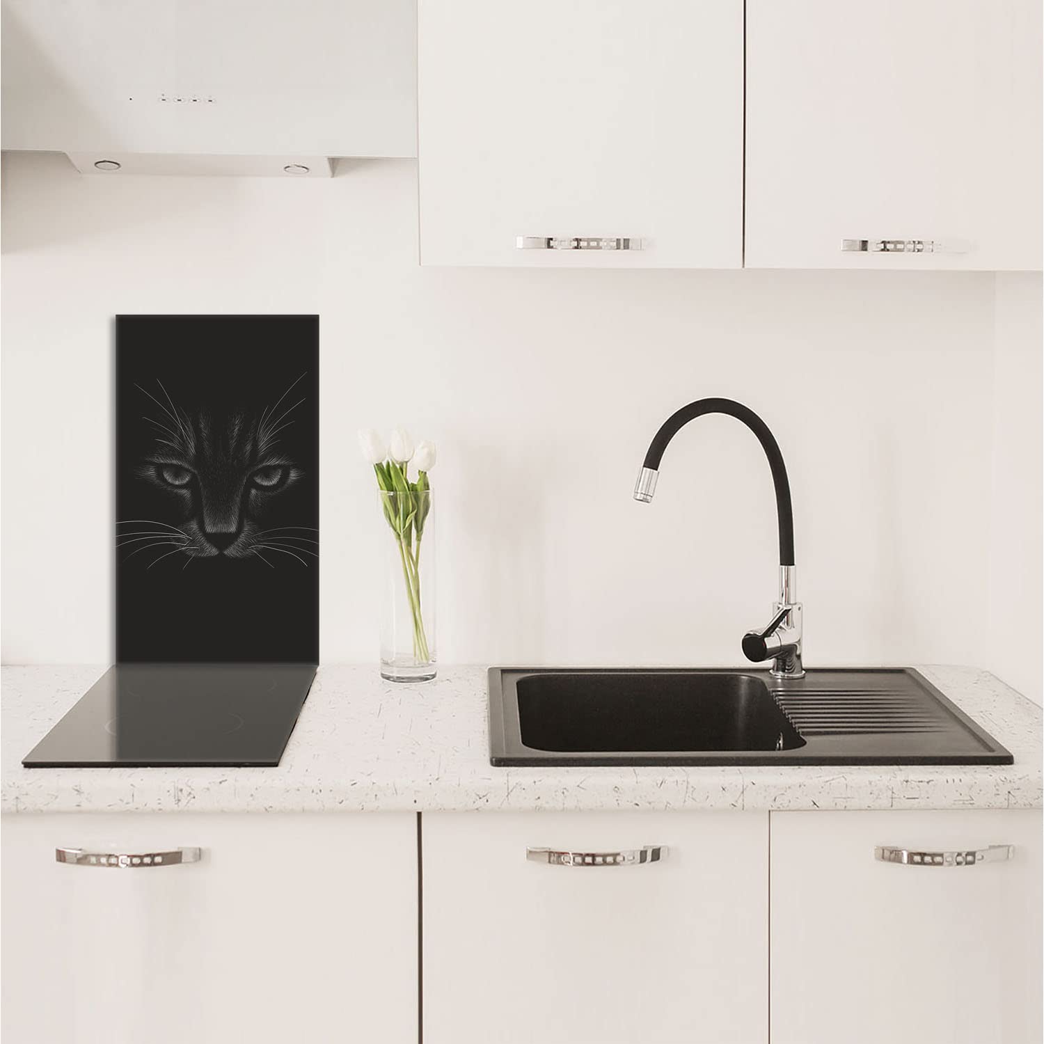 Plaque de recouvrement, 30 x 52 cm, en verre, pour cuisinières électrique, à induction, convient comme décoration, protection anti-éclaboussures ou planche à découper, Chat Noir