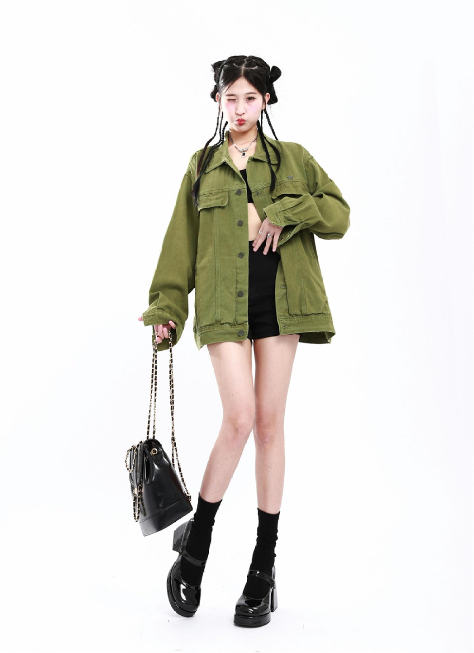 Y2K Chaqueta vaquera informal verde con cuello Polo y solapa vintage