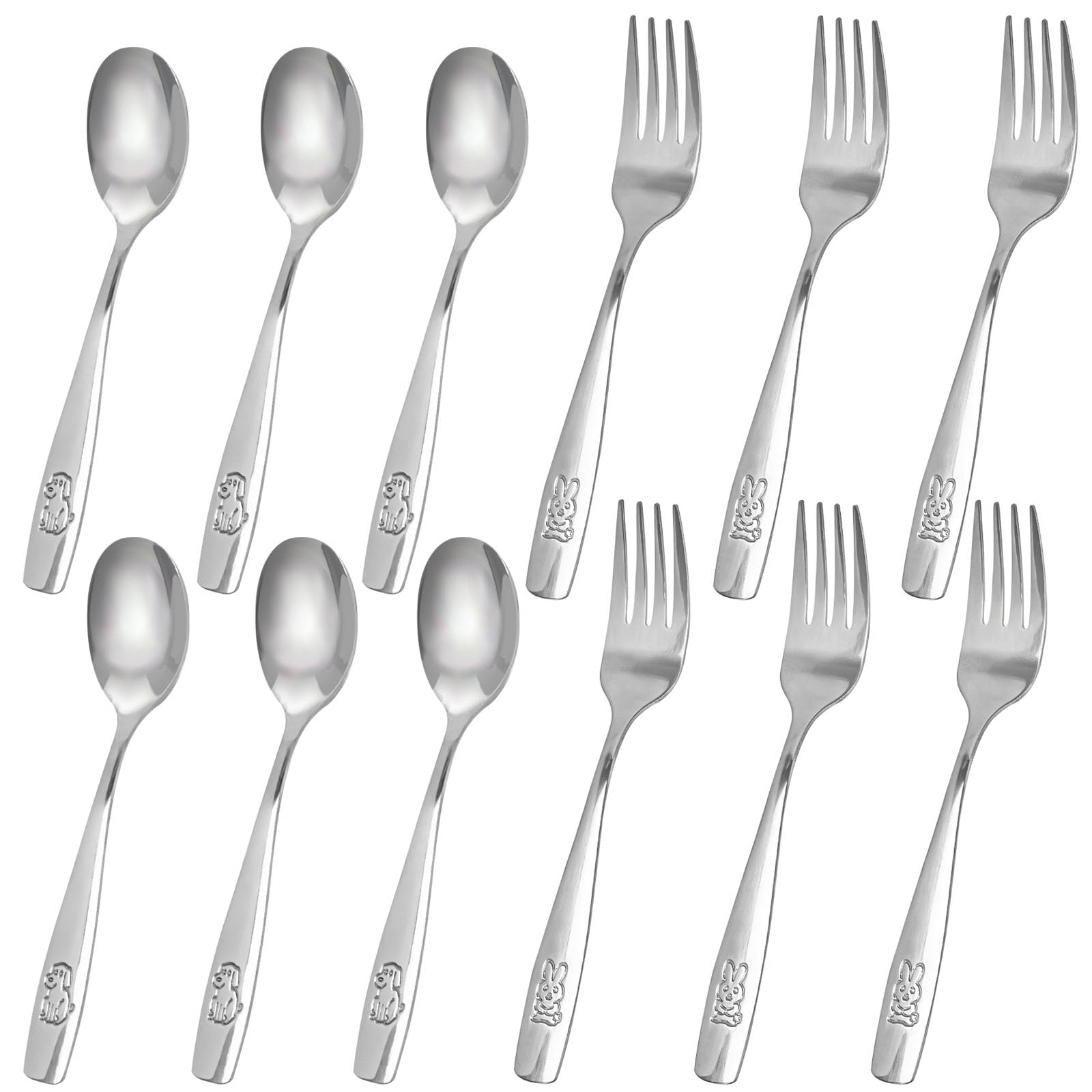 HANSGO 12PCS Toddler Utensils, Stainless Steel Kids Silverware, Safe Toddler Forks and Spoons, Mirror Polished, Dishwasher Safe, with Bunny & Puppy Motifs, Fun Stocking Stuffers for Kids