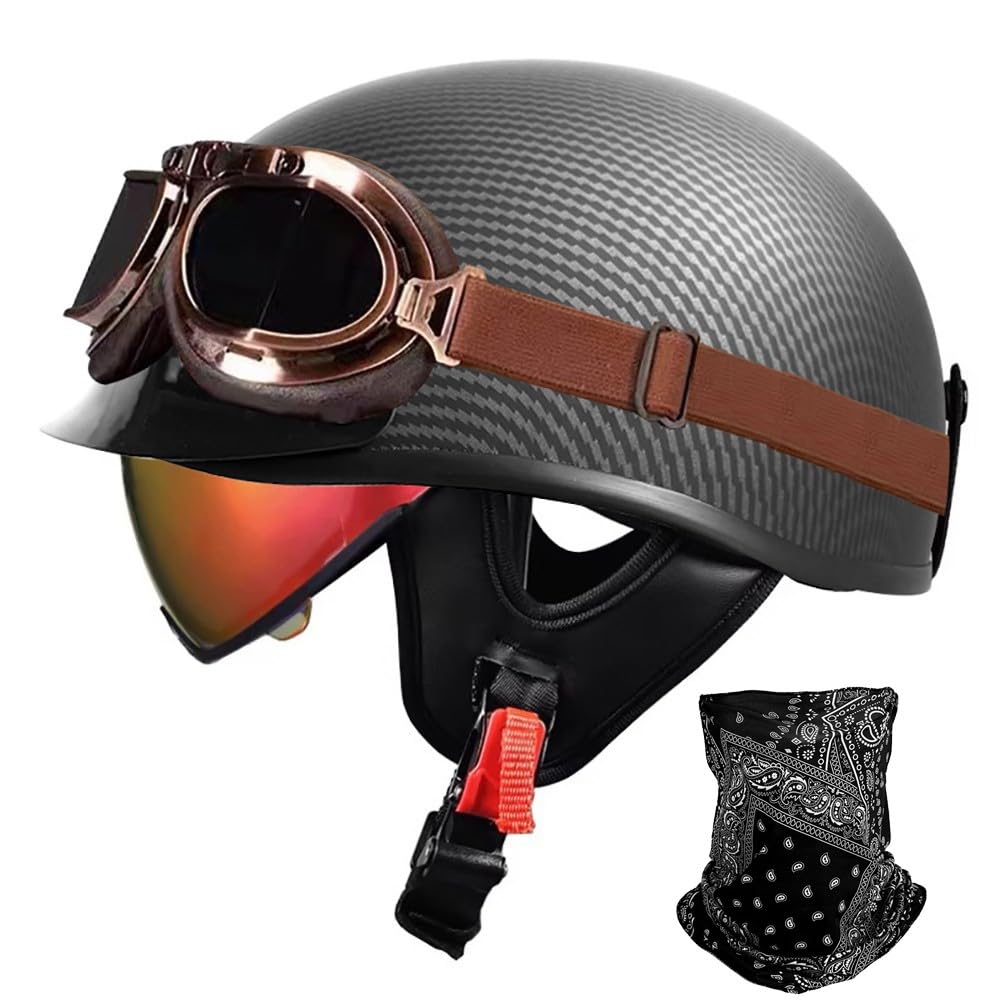 URYWTXY Retro Motorcycle Half Helmet with mask, Vintage German Open Face Motorbike Helmet with Adjustable Quick Release Buckle for ATV Chopper Cruiser Street Scooter, ECE Approved