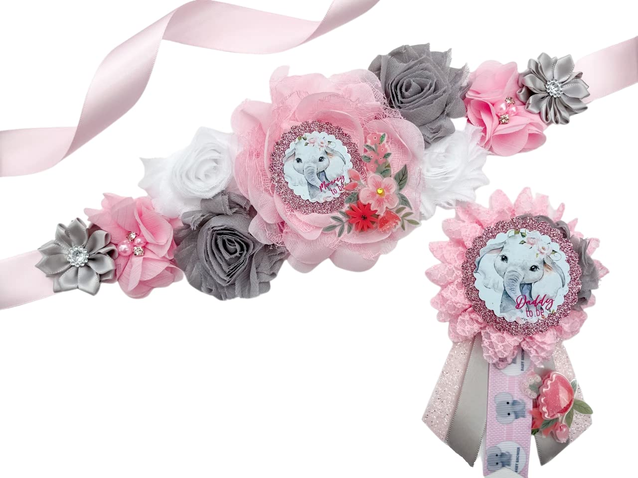 Pink Elephant baby Shower Sash, Pink Elephant theme baby shower, Mom to be Sash for Baby shower, Baby Shower Sash, Elephant Shower, Pinted Center with Floral Crown