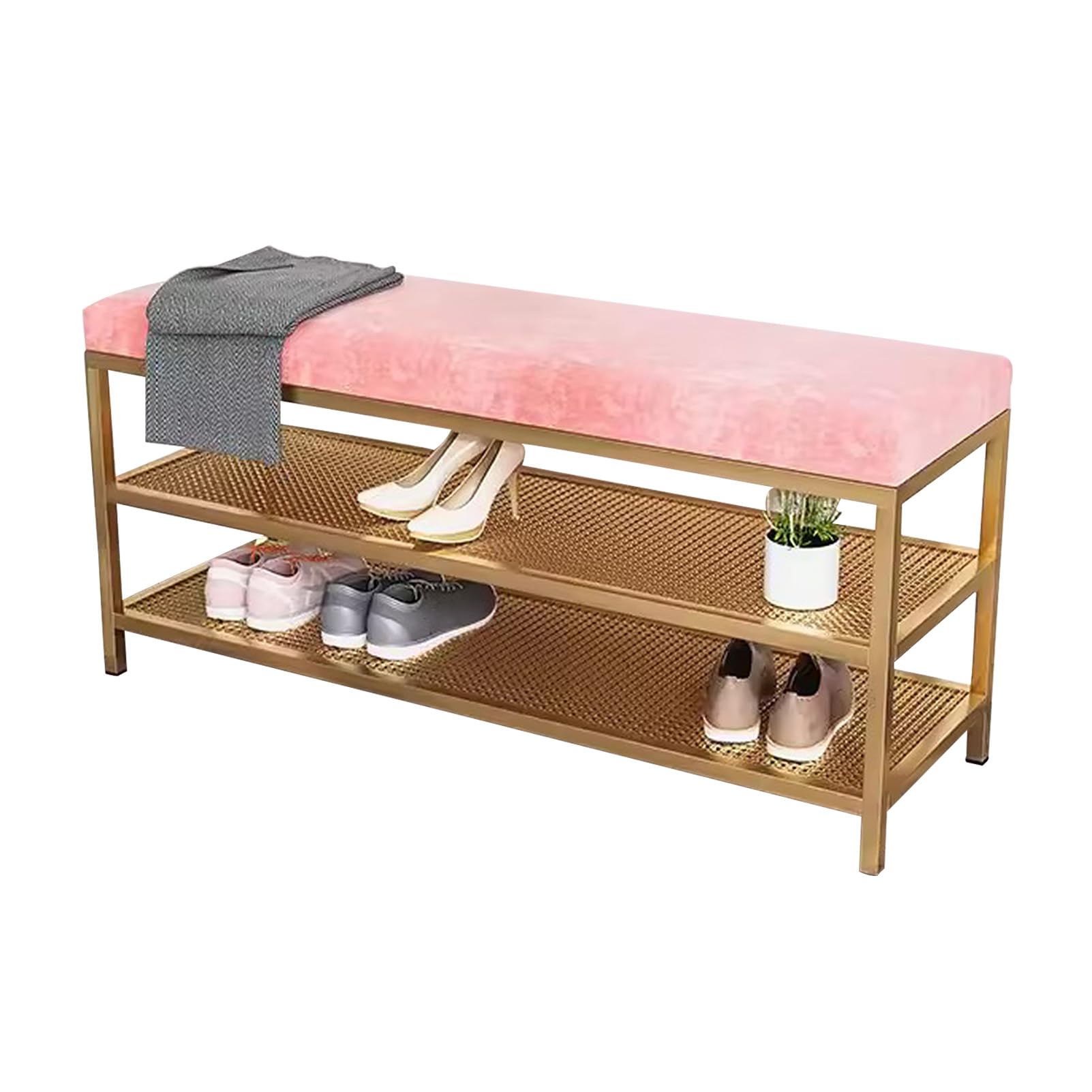 Banco zapatero con marco de metal dorado, almacenamiento de terciopelo de 3 niveles para entrada, baño, sala de estar, muebles elegantes al final de la cama, versátil y funcional