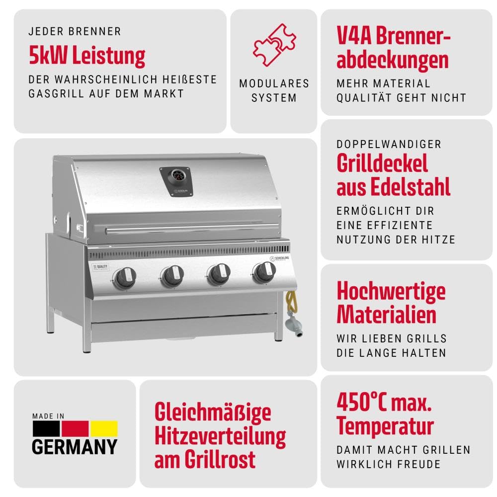 Einbau Gasgrill "Hermann XL - Classic" Einbaugrill mit Deckel für Outdoor Küche Grillküche – Gasgrill 100% aus Edelstahl – Fettwanne mit Frontauszug – 4x5kW Brenner – Made in Germany