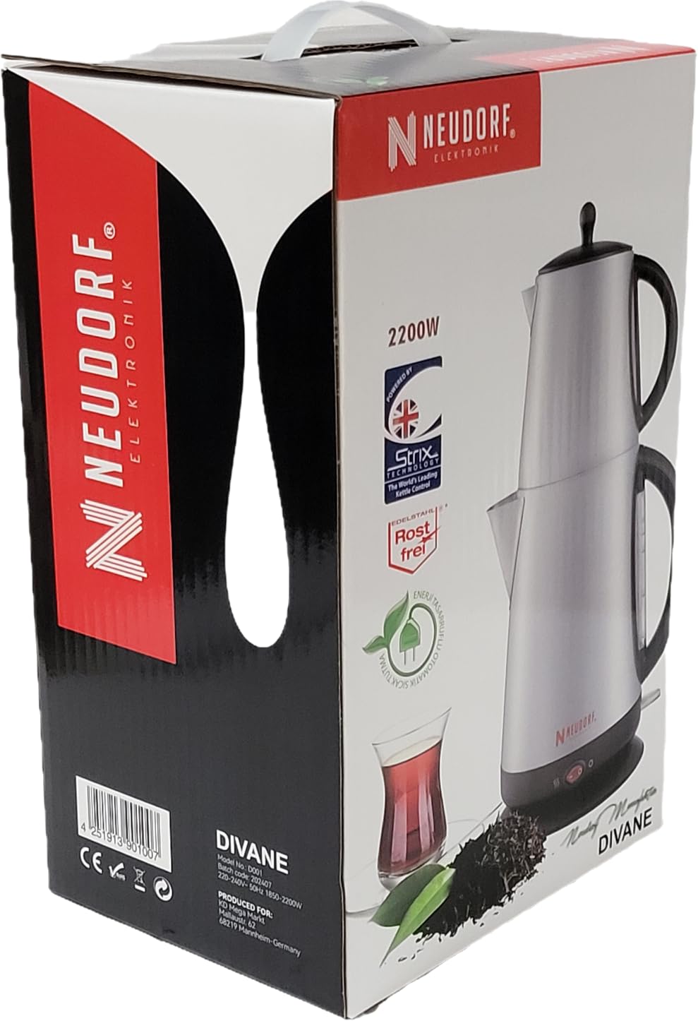Elektronik Teemaschine DIVANE (schwarz) mit autom. Abschaltung & Warmhaltefunktion/ 2200 & 150 Watt/robuste sparsame Technik/Duales-Heizsystem/Überhitzungsschutz/Edelstahl/ 1 & 1,7 Liter