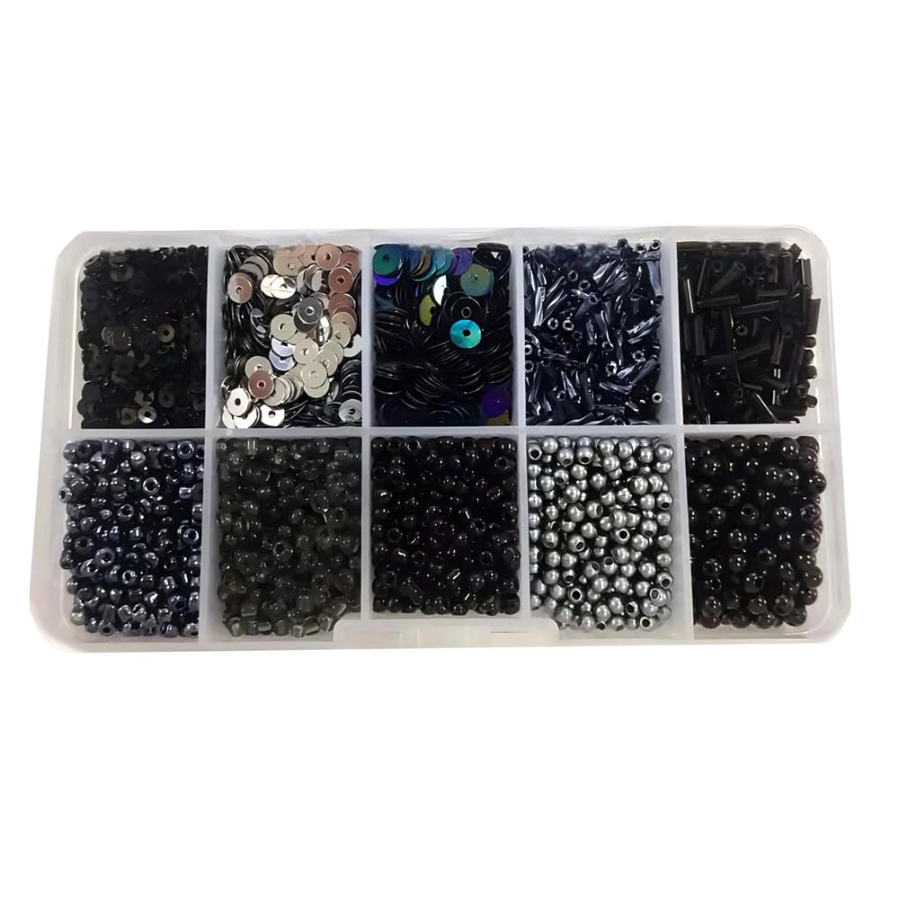 1 Box Black Beads and Sequins Kit, Assorted Glass Craft Beads Loose Sequins for Crafting, Beading, Keychain Making