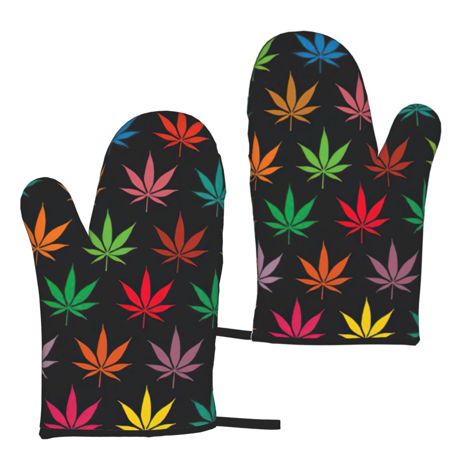 Nimongt Women's Black Colorful Cannabis Leaves Print Adults Universal Fit Heat Resistant Oven Gloves Reusable Cooking Outdoor Grilling