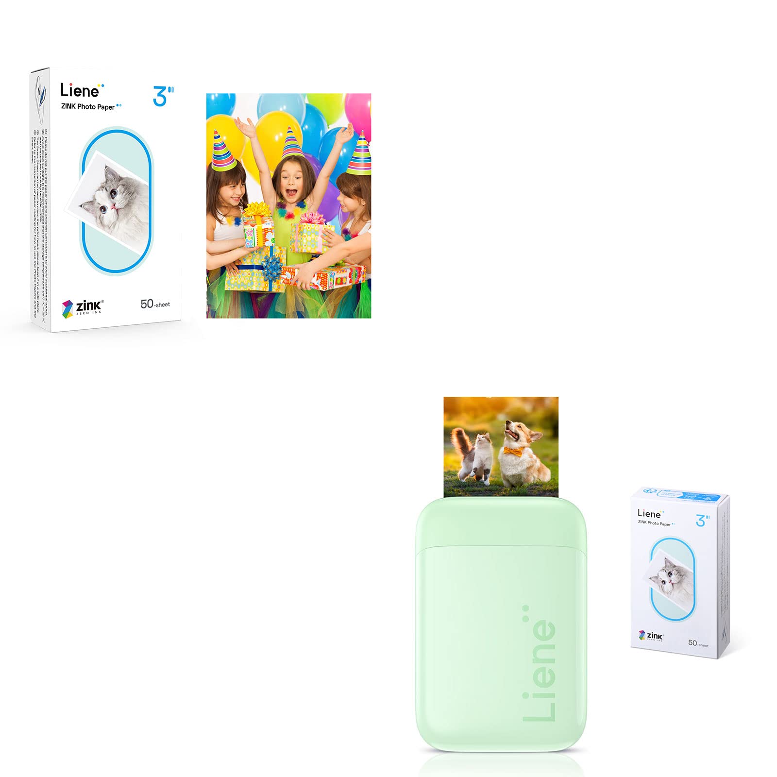 Liene 2x3' Mini Portable Instant Photo Printer Bundle w/ 100 Zink Adhesive Paper, Bluetooth 5.0, Compatible w/iOS & Android, Small Picture Printer for iPhone, Smartphone, Green