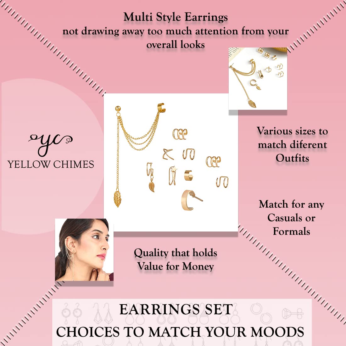 Earrings & Ear Cuff Set Silver Tone Stainless Steel Combo