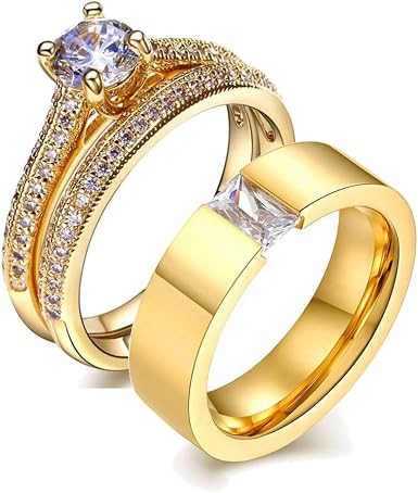 Amazon.com: LOVERSRING Juego de anillos de boda para él y para ella, anillo  de 10 quilates, chapado en oro amarillo de 10 quilates, anillo de  compromiso de boda, conjunto de novia de