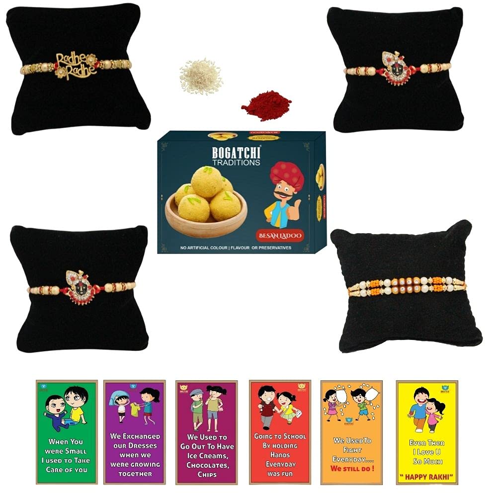 BOGATCHI Rakhi with Sweets, Rakhi for brother with sweets, Rakhi with sweets for brother, Rakhi for brother with gift sweets -Besan Ladoo, 200g + Rakhi Set of 4 +Roli Chawal+ Rakhi Card |BLRKH-4-41-image-9