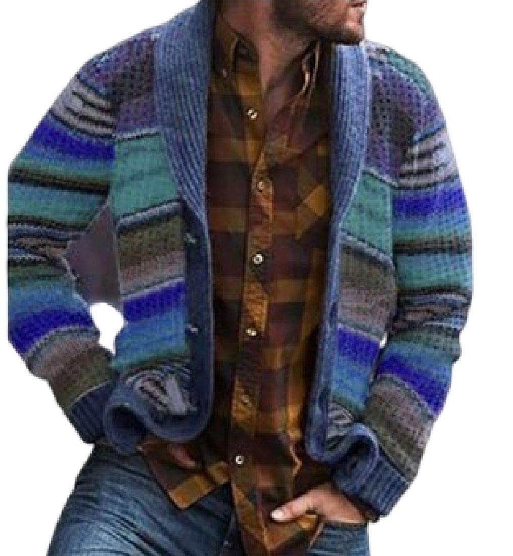 Basic Color Block Knitwear Slim Striped Button Up Cardigan Sweater Blue XS