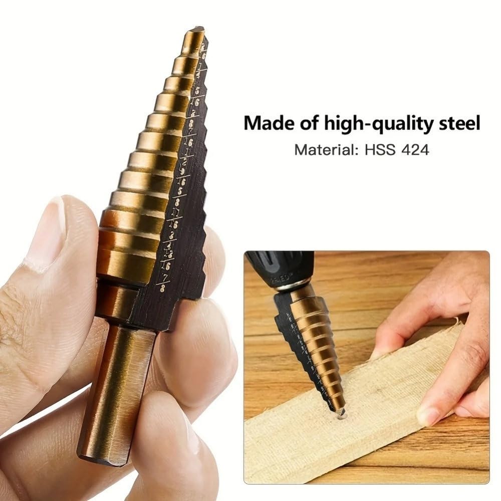 5 szt. wierteł stopniowych, prostych, do otworów w kształcie pagody, wierteł stożkowych do metalu, otwieraczy do otworów w aluminiowym pudełku, narzędzie do wiercenia w metalu, 5 szt., z pudełkiem