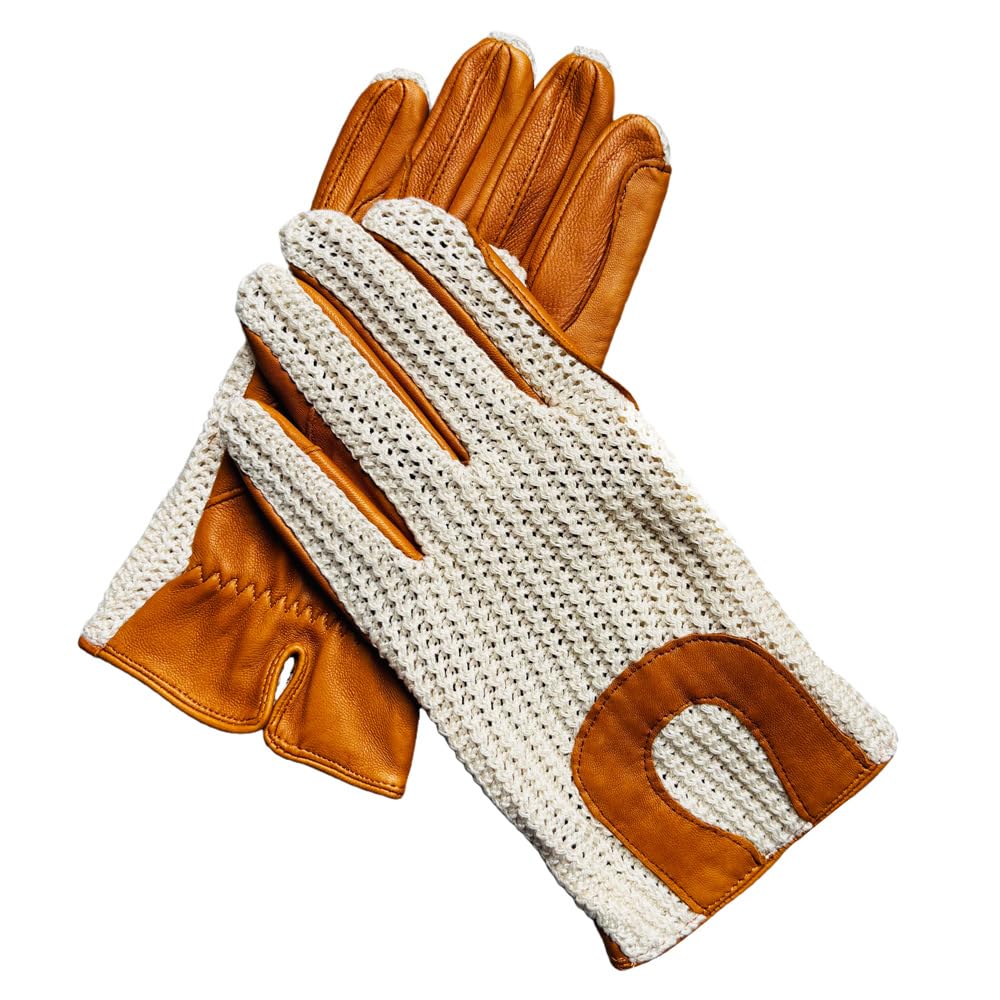 Harssidanzar Men's Crochet Leather Riding Gloves, Riding Gloves for Men, Beige and Brown, S, DM302