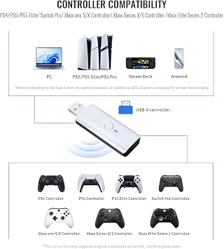 Wireless Adapter Converter Compatible with PlayStation5 & PC,Makes PS5/PS4/Xbox/Switch Controllers Compatible with Your PS5 & PC,Supports All PS5 Games (White)