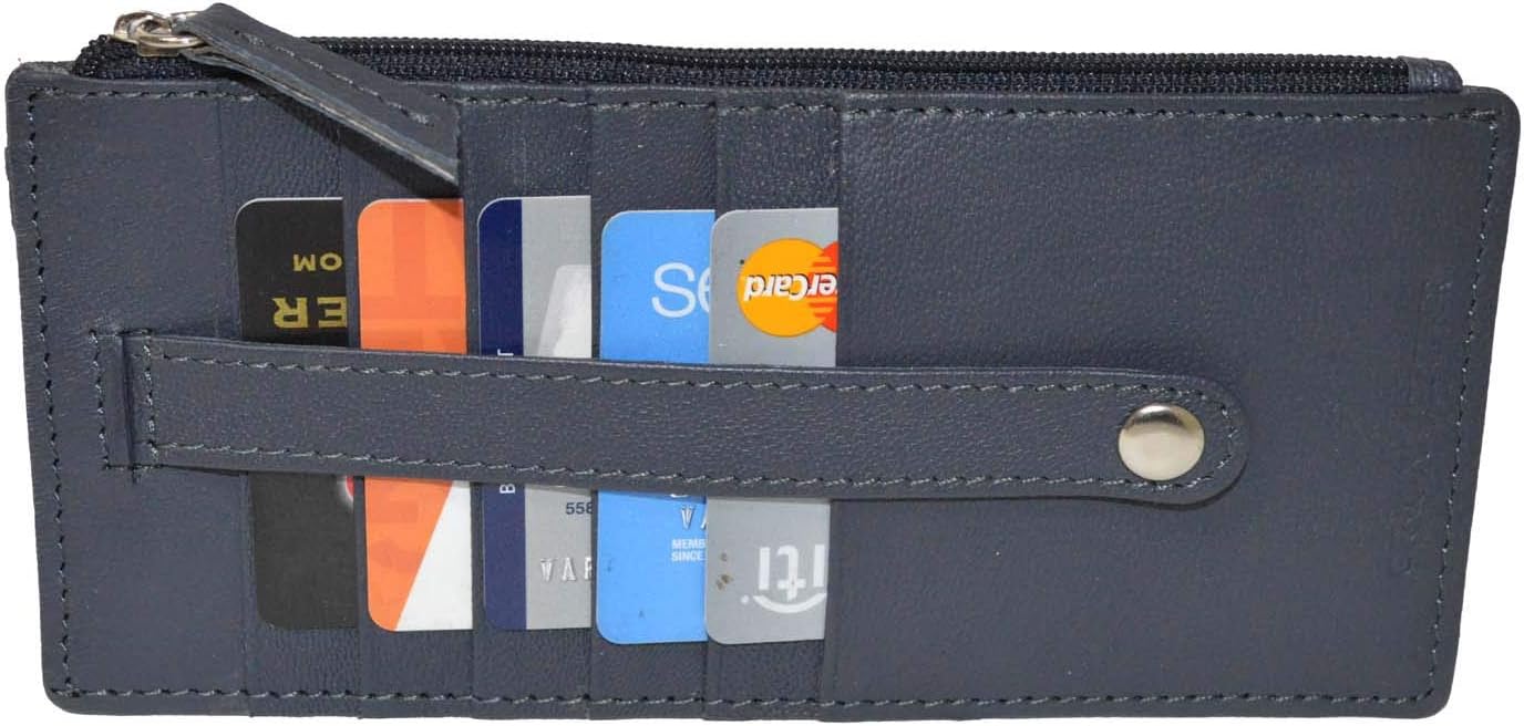 Leatherboss Genuine Leather Women's All in One Credit Business Card Case Holder Slim Zipper Wallet With a Card Protection Strap, Blue