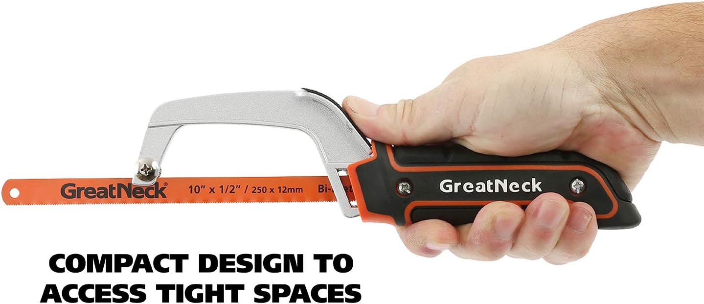 GreatNeck 74009 10 Inch Close Quarter Hack Saw, Compact Hacksaw for Cutting Wood, Metal, PVC, and Foam, Dual-Action Blade Lock, Adjustable Aluminum Frame