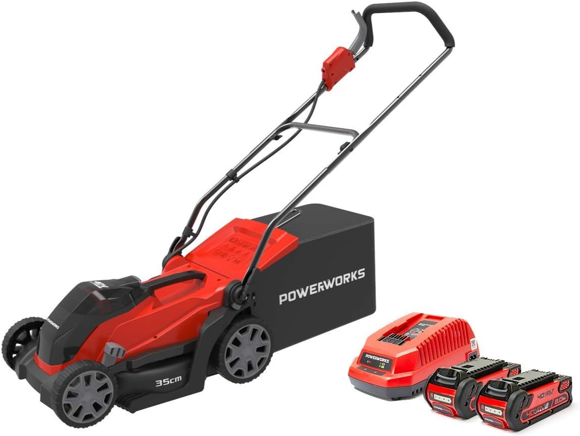 POWERWORKS 40V Cordless Lawnmower 35cm with 2 x 2Ah Batteries & Charger