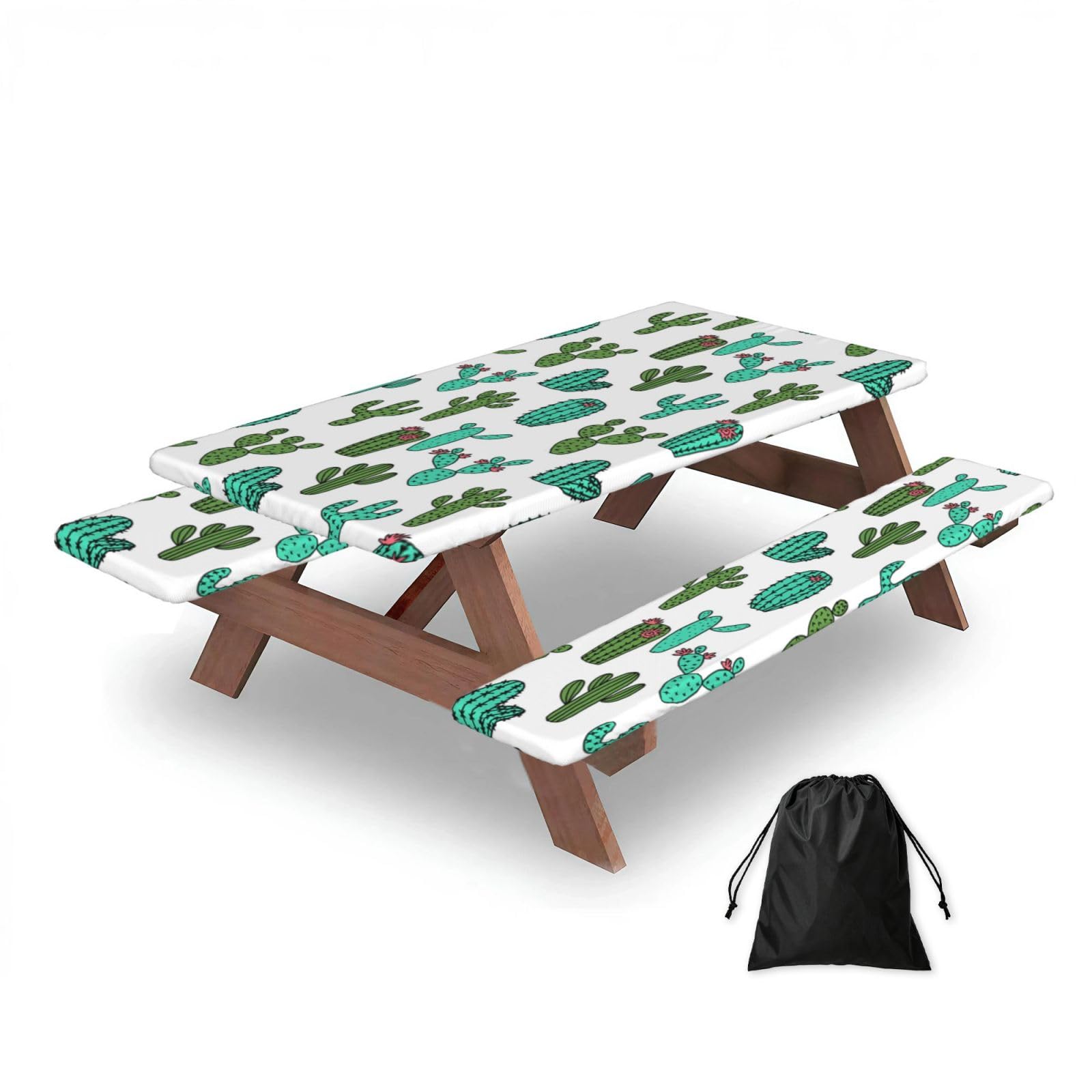 Dopklna As Picture Cactus Cacti Cactus Design, Picnic Table Cover With Bench Covers -Waterproof Elastic Fitted Tablecloth For Garden Camping Patio 76X152cm