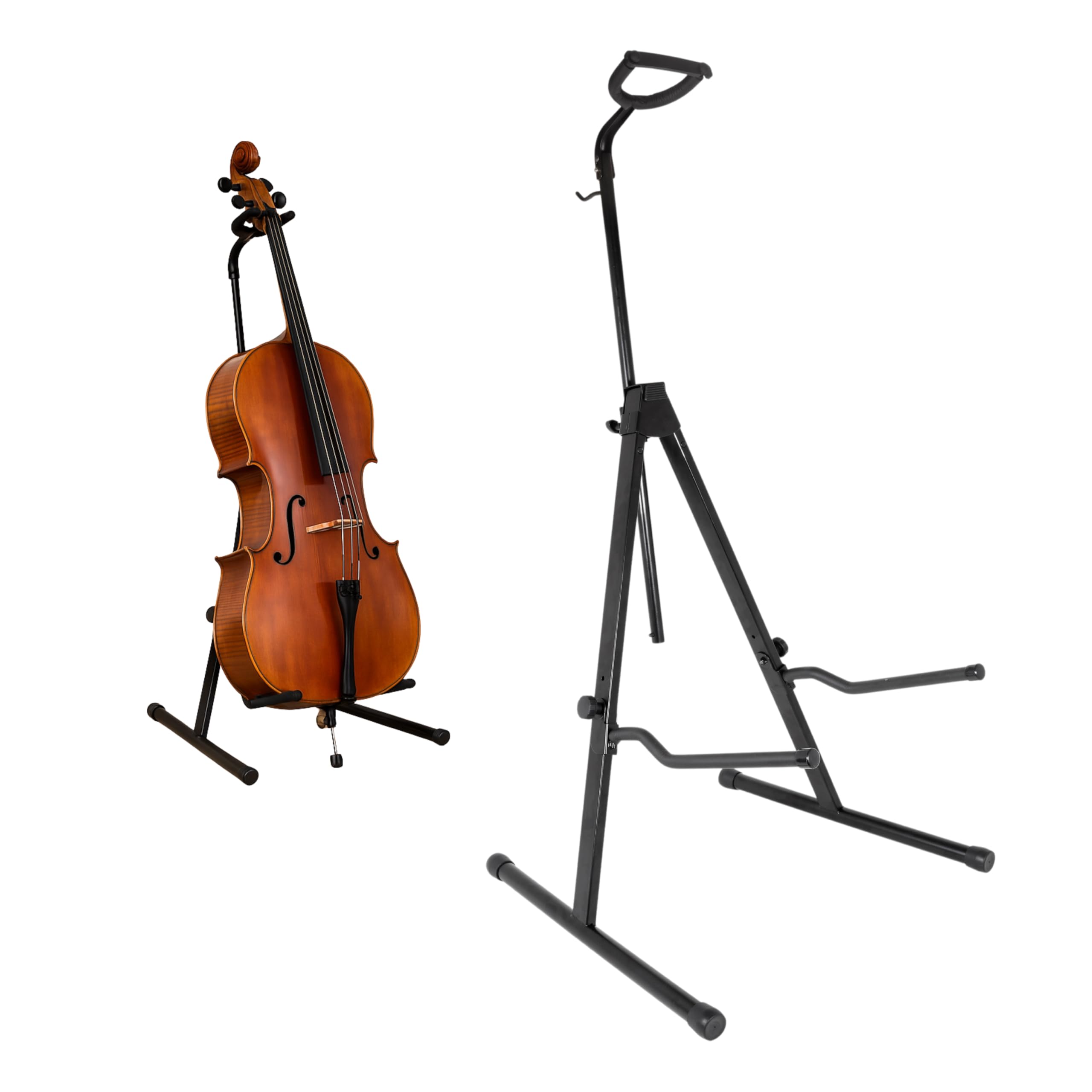 Verstellbarer Celloständer aus Stahl mit Bogenhalter-Haken, Sicherheitsstange und Endstift-Anker-Stopper – faltbarer und tragbarer Bodenstativ in mattem Schwarz; Bonus Endpin Anchor Stopper im