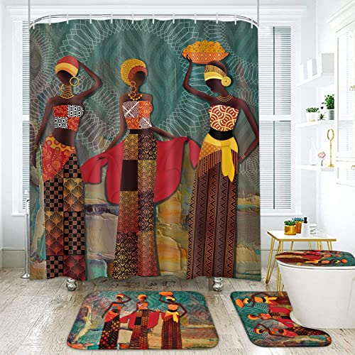 Ikfashoni 4 Pcs Black Girl Shower Curtain Set With Non-Slip Rugs, Toilet Lid Cover And Bath Mat, African Egyptian Women Shower Curtain With 12 Hooks, Fabric African Lady Shower Curtains For Bathroom #TOP1