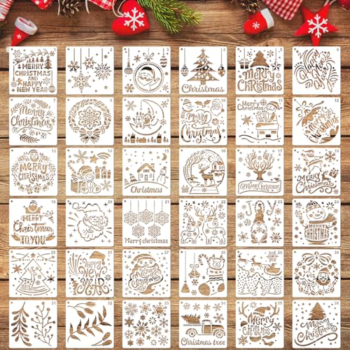 MWOOT 36 Piezas Plantilla de Pintura de Navidad Painting Stencils, Plástico Plantilla para Pintar Xmas, Reutilizable Christmas Drawing Template de Dibujo para Parede Decoración (13x13CM)