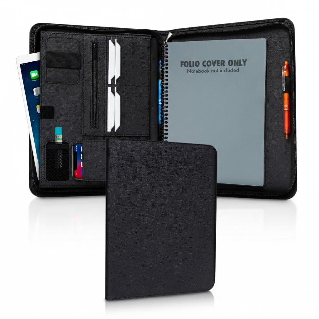 Trailblaze Genuine Leather Folio Cover Compatible with Rocketbook Everlast, Fusion, Panda | Letter Size Portfolio Organizer with Pen Loop, Multiple Pockets (Charcoal, Large (Letter))