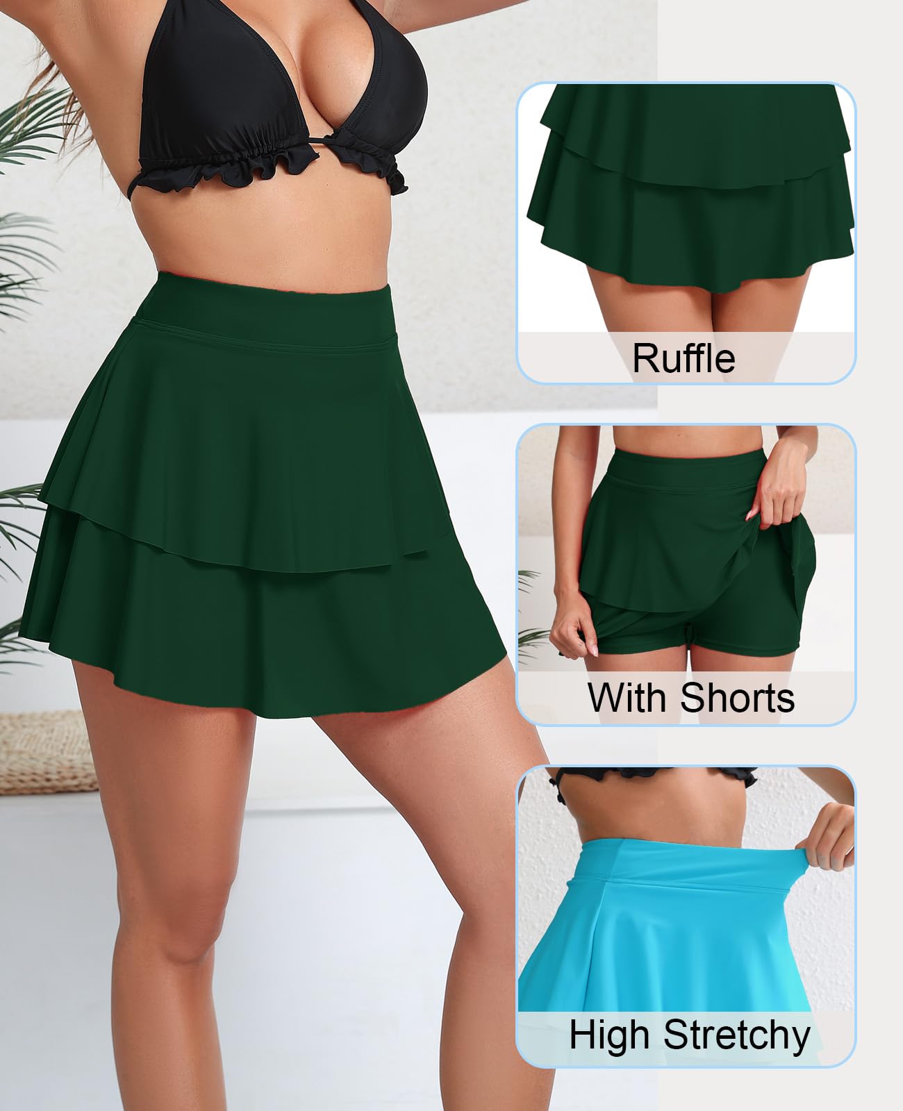 Halcurt Falda de natación de cintura alta con volantes y pantalones cortos con control de abdomen para mujer
