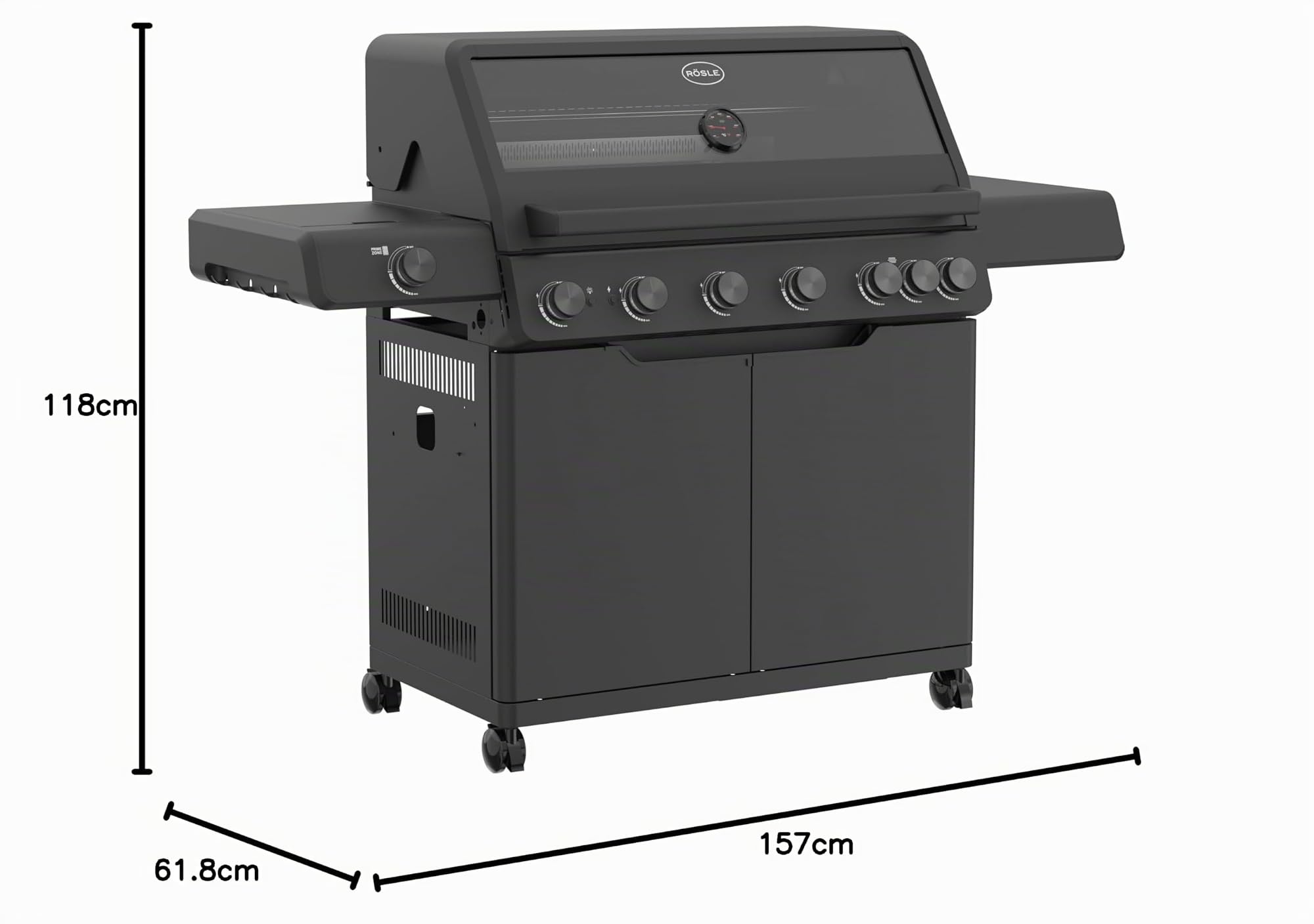 RÖSLE Gril à Gaz Allflame Hero 6-6 Brûleurs (3,5 kW Chacun), Primezone, Backburner, Surface de Cuisson 92,5 x 45 cm, Grilles en Fonte, Fonte d'Aluminium, Boutons de Réglage Éclairés, Noir