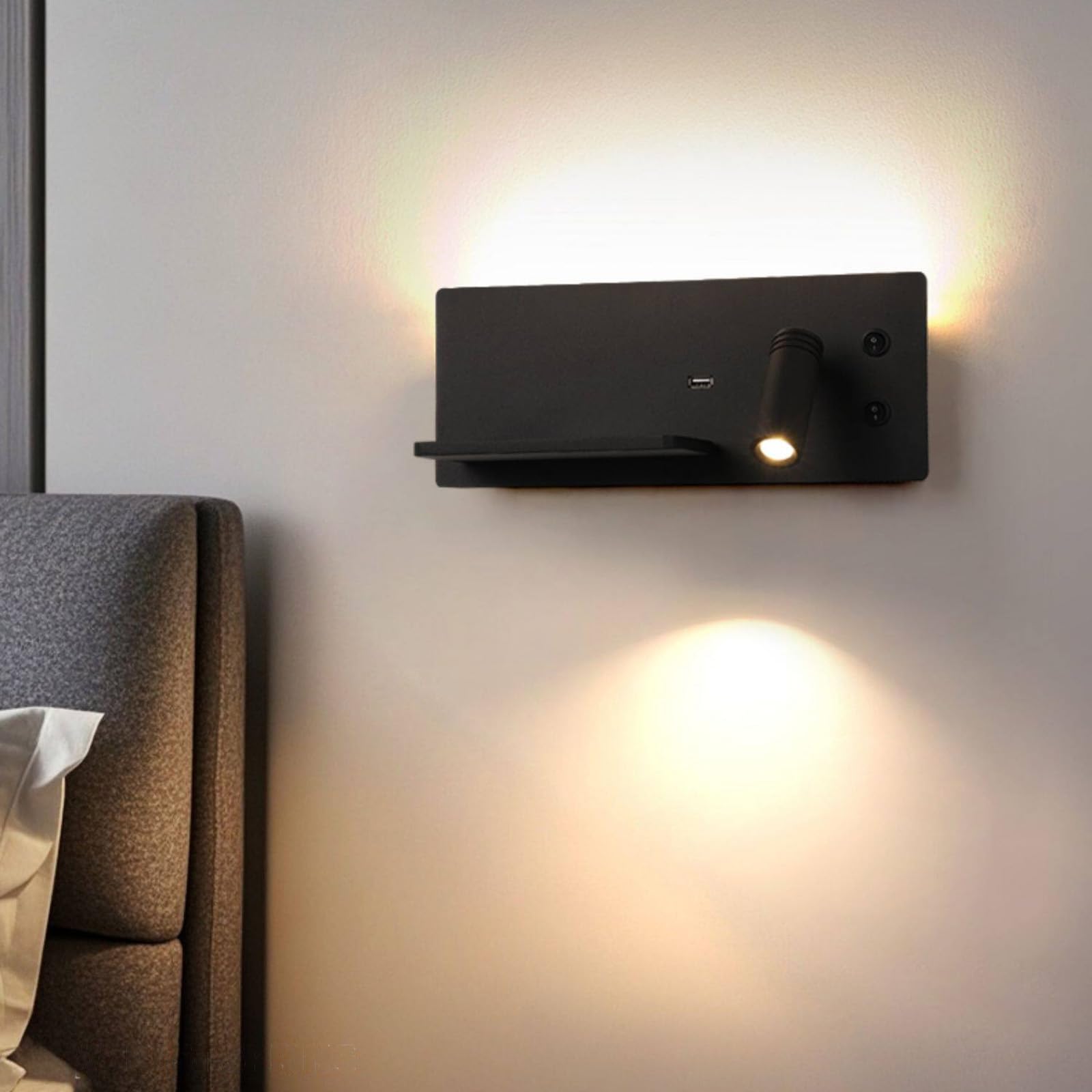 Lampa ścienna LED z przyłączem USB + bezprzewodowa ładowarka ścienna z przełącznikiem, oświetlenie ścienne 360° + 90°, obracana o 360° + 90°, lampa do czytania, do sypialni, zagłówka, hoteli (czarna