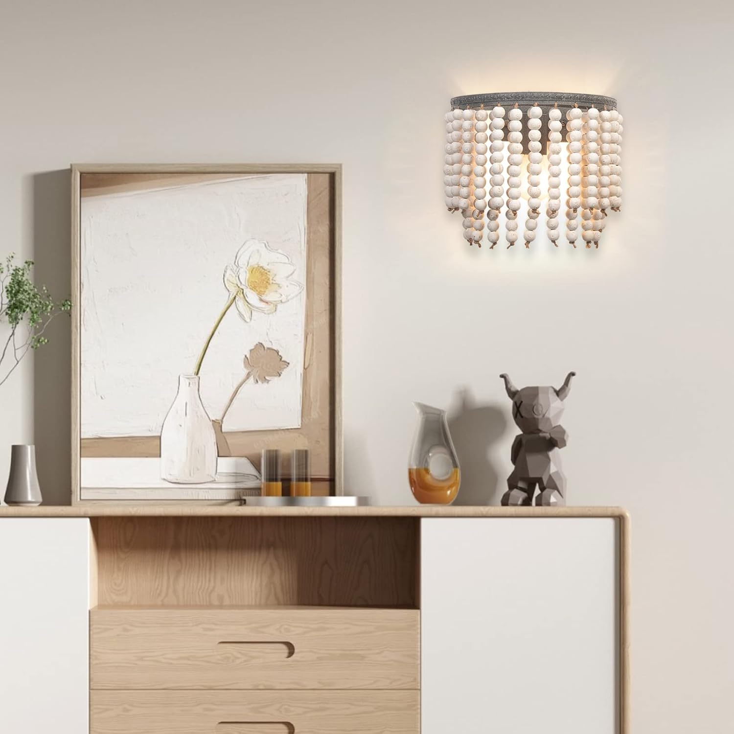 Boho Wall Sconce, Vintage Art Deco Wall Sconce Indoor, Hardwired Hallway Sconces Wall Lighting for Bedroom Livingroom Entryway(White Wood Bead)