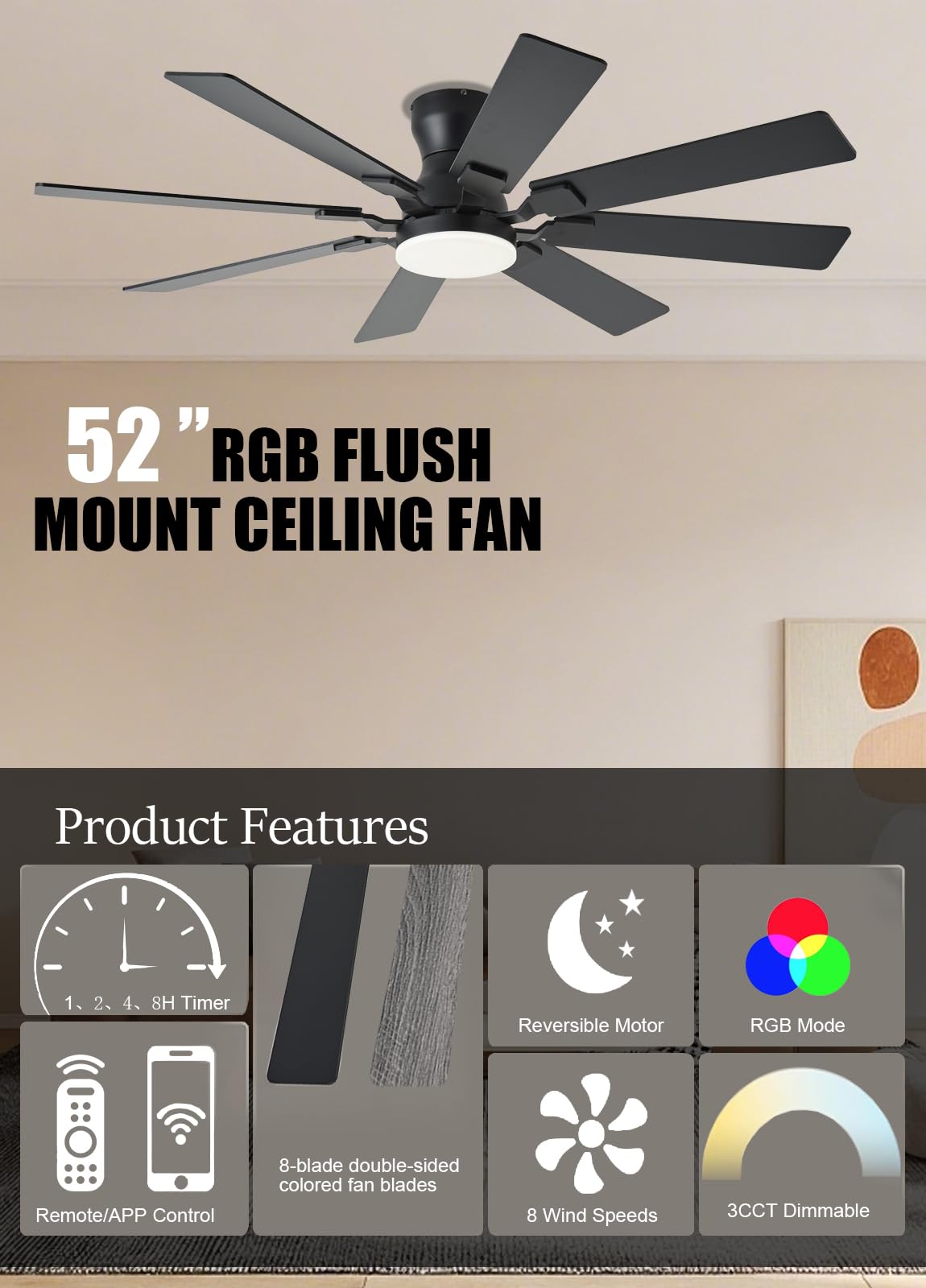 52 inch Ceiling Fan with Light 6 Speeds Reversible Low Profile Ceiling Fan with Light and Remote APP — view 2