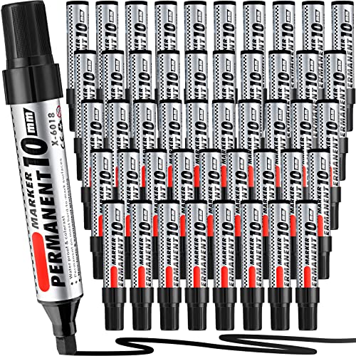 Image of Thenshop 48 Pcs Jumbo Size Permanent Markers Bulk Waterproof Chisel Tip Marker Pens for Industrial Use Work on Wood Metal Plastic Stone Glass(Black)