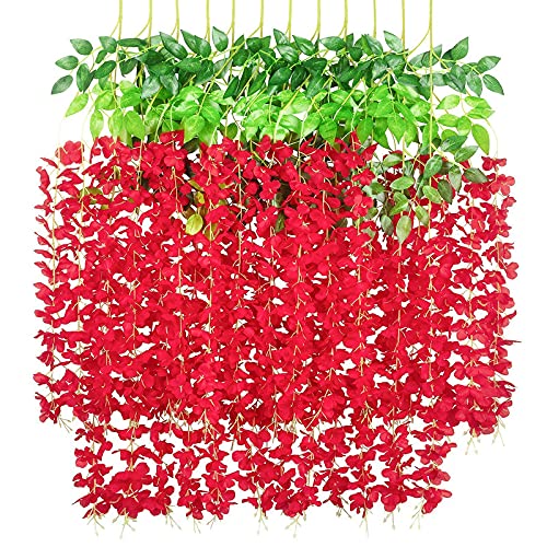 Image of Artificial Hanging Wisteria Flower Vine, Pack of 6, Red