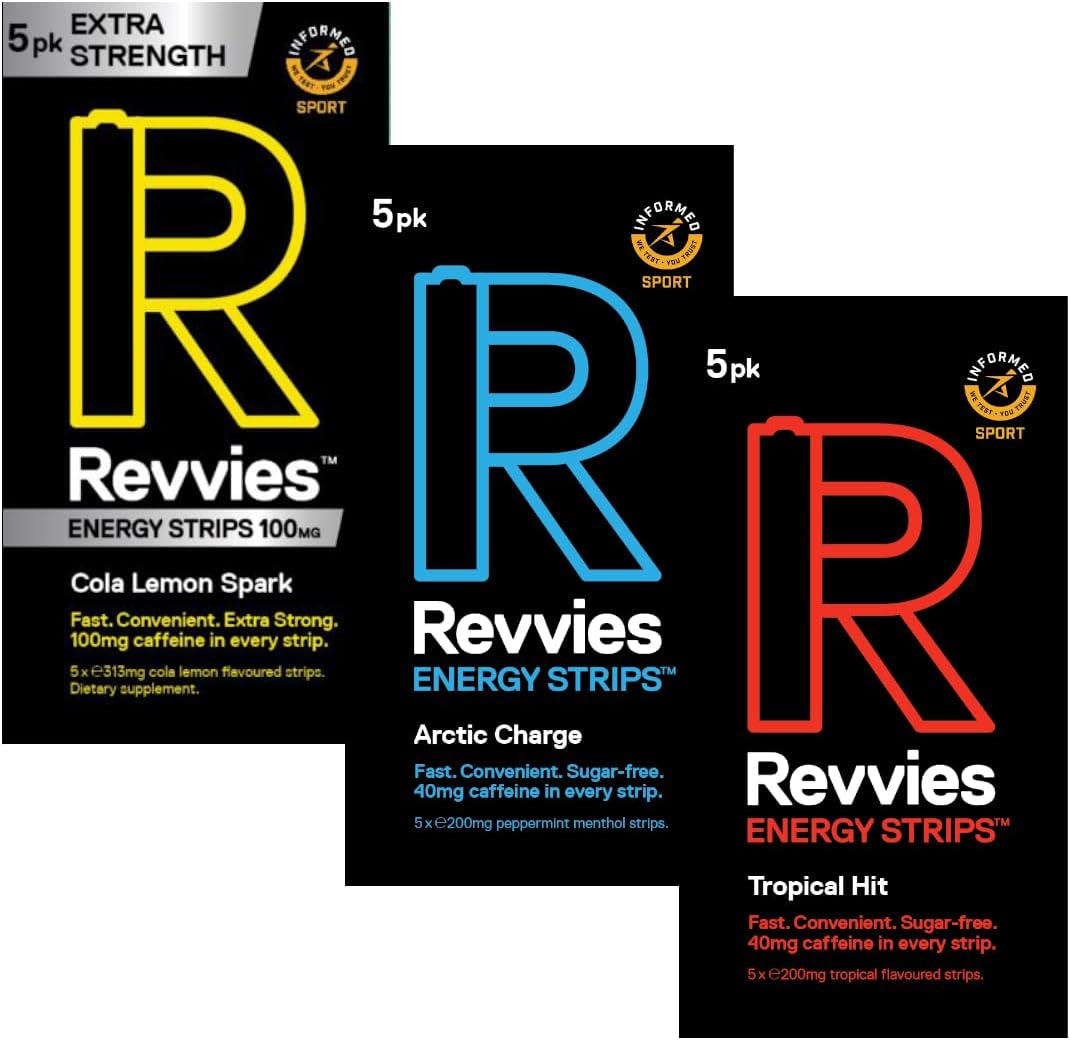 Revvies Energy Strips | Instant Boost | Suitable Pro Athletes | 15 Strips | 40mg Caffeine | Easy On The Stomach | Great For Exercise | Vegan | Sugar-Free | 3 x 5Pk