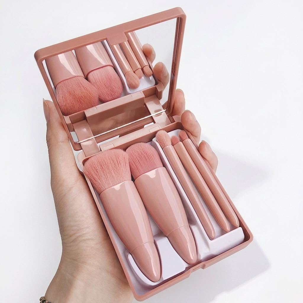 5-Piece Professional Makeup Brush Set with Mirror Box, Portable Travel Beauty Tools, Pink