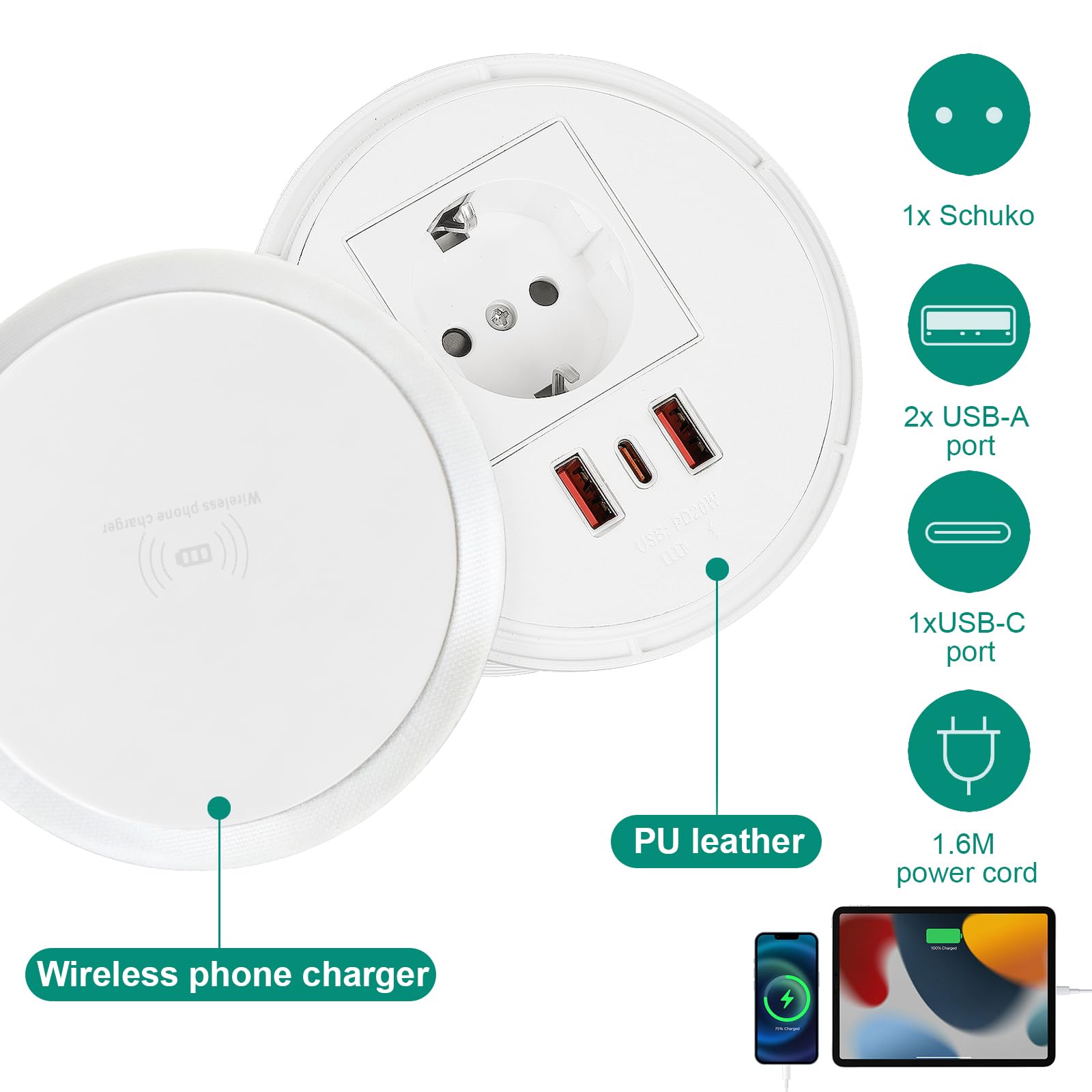 Enchufe de mesa con USB C+USB A, enchufe empotrable, regleta de 1,8 m de cable, enchufe de escritorio, enchufes empotrados, 1 tipo C, 2 pasacables USB A, (blanco con carga inalámbrica)
