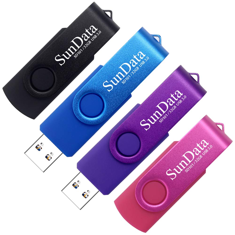 SunData Memory Stick 32GB 4 Pack USB 3.0 Flash Drive USB Stick Rotate Metal Thumb Drive USB 3.0 up to 90MB / sec, (4 Mixed Colors: Black, Blue, Pink, Purple)