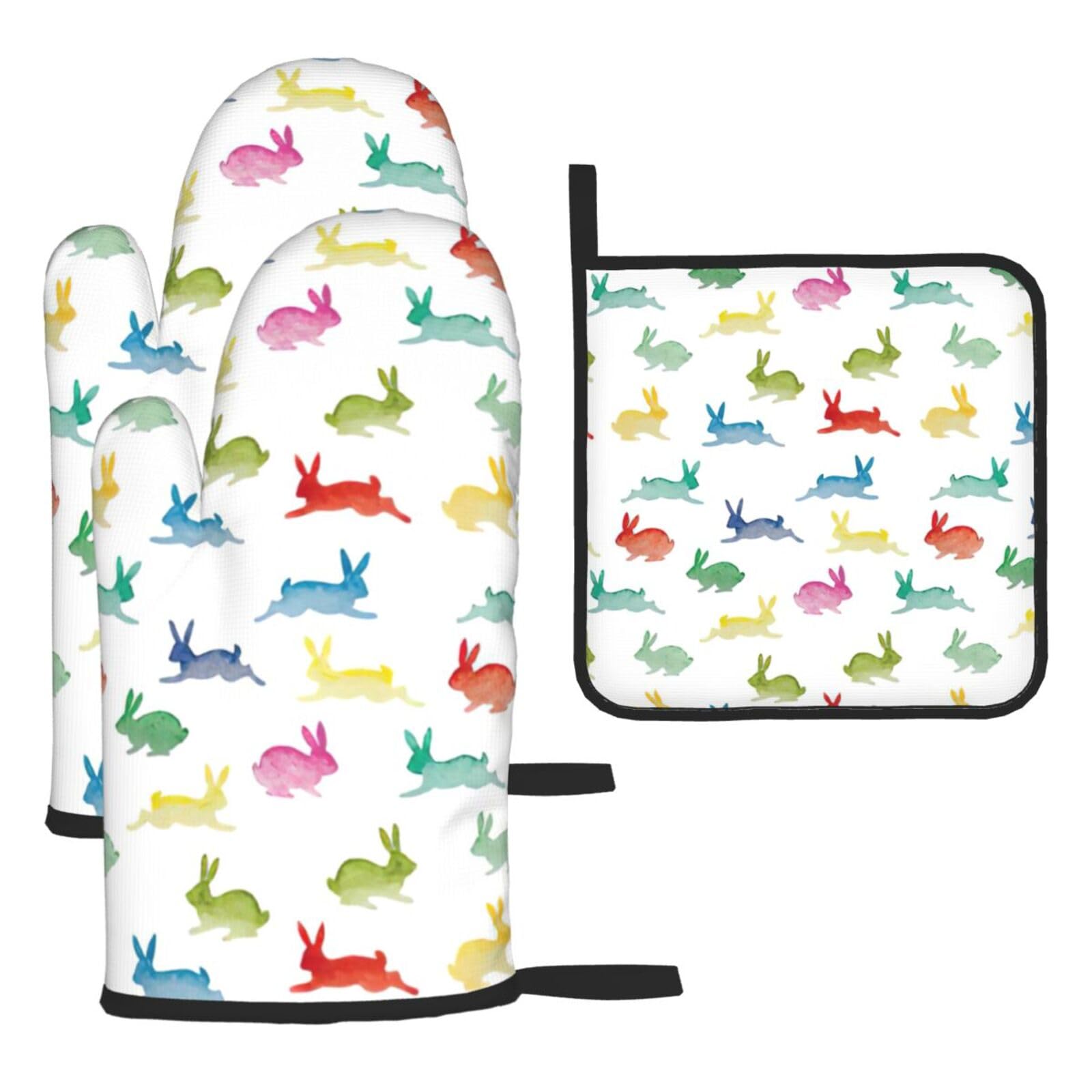 Rabbits In Different Poses Jumping Running Print Oven Kitchen Gloves For Baking Outdoor Grilling Home Use Mitts Microwaving Bbq