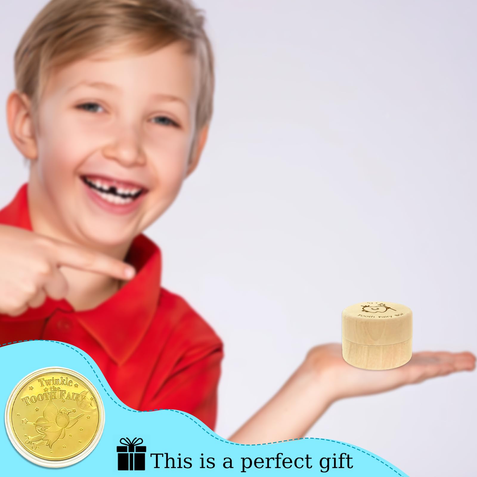 Tooth Fairy Gifts for Girls and Boys Tooth Fairy Box Coin Transparent jar with Gold Foil Reward Coins Wood Baby Keepsake Box for Lost Teeth Kids Birthday Gift (Boy style)