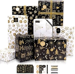 Christmas Wrapping Paper, 6 Sheets Black and Metallic Gold Gift Wrapping Paper Set with Tags Stickers and Ribbon, 6 Designs Snowflake Wrapping Paper for Christmas New Year Birthday, 50x70CM