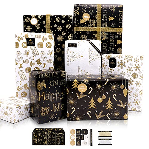 Geschenkpapier Weihnachten, 6 Blatt Gold und Schwarz Weihnachtsgeschenkpapier Set mit Aufklebern Anhänger und Schleife, Schneeflocke-Muster Weihnachten Geschenkpapier für Geschenkverpackung, 70x50CM